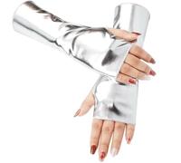 CALFOVERA sans Doigts Argentés Brillants Métallisés Manches Courtes en Cuir PU Extensibles Style Gothique Punk Demi Paumes de Scène Rock Chauffe Bras pour Femmes et Filles Costume