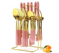 Caliamary Ensemble de couverts dorés de 24 pièces avec porte-argenterie, couteaux, fourchettes, cuillères, service de couverts pour 6 personnes, ustensiles de cuisine avec poignée rose