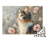 Calico Cat Floral Colourful Calico Cat on Grass 1000 Pieces Jigsaws Adults The Impossible Challenge Home Activity 52x38cm/1000pcs