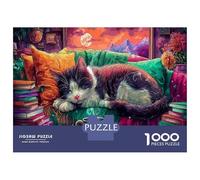 Calico Chat Dormant sur Le canapé avec des Livres Puzzle 1000 Pièces Éducatif, Pet Défi Intellectuel, Cadeau Et Décoration Murale 70x50cm/1000pcs