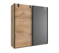 CALICOSY - Armoire 2 portes coulissantes : 1 décor chêne + 1 graphite - L180cm - Bois clair