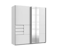 CALICOSY - Armoire 2 portes coulissantes avec 1 miroir et tiroirs L180 cm - BAMBERG - Blanc-Blanc