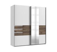CALICOSY - Armoire 2 portes coulissantes avec 1 miroir et tiroirs L180 cm - BAMBERG - Noyer/ Blanc