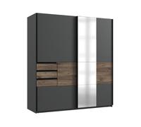 CALICOSY - Armoire 2 portes coulissantes avec 1 miroir et tiroirs L180 cm - BAMBERG - Noyer/ Gris anthracite