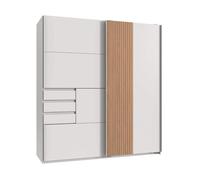 CALICOSY - Armoire 2 portes coulissantes avec 3 tiroirs L180 cm - COBURG - Blanc/chêne-Blanc/chêne
