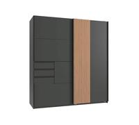 CALICOSY - Armoire 2 portes coulissantes avec 3 tiroirs L180 cm - COBURG - Gris anthracite/ Chêne