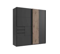 CALICOSY - Armoire 2 portes coulissantes avec 3 tiroirs L180 cm - COBURG - Noyer/ Gris anthracite-Noyer/ Gris anthracite