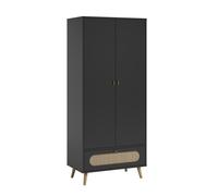 CALICOSY - Armoire 2 Portes et 1 Tiroir avec Cannage en Rotin L85 x H195 cm - Canne - Noir-Noir
