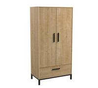 CALICOSY - Armoire 2 portes et 1 tiroir décor chêne et noir mat H180 cm - CRAFT - Bois clair