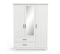 CaliCosy Armoire 3 Portes, 1 Miroir et 2 Tiroirs- Blanc- Fabrication Française- Style Contemporain- pour Chambre- L148,6 cm x l57,1 cm x H199,60 cm