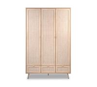 CALICOSY - Armoire 3 Portes 3 Tiroirs et 2 Penderies L120 cm - Impression Rotin - BALI - Bois clair