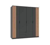 CALICOSY - Armoire 4 portes battantes et 2 tiroirs L180 cm - LUEBECK - Gris anthracite/ Chêne-Gris anthracite/ Chêne