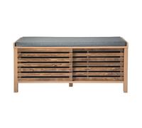Calicosy - Banc à Chaussures 2 Portes Coulissantes à Lames Ajourées - Coussin Tissu Gris Lin - Pieds Bois & Décor Bois - Collection Liam - Entrée, Chambre - L 112 x P 43,5 x H 51 cm