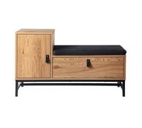 Calicosy - Banc Chaussures - Décor Chêne - Panneaux Particules - Piétement Métal - Poignées Effet Cuir - Tissu Polyester - 2 Rangements Fermés - Entrée, Dressing - Industriel - L 100 x P 38 x H 47 cm