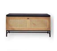 Calicosy - Banc Rangement Chaussures - Façade Rotin - Décor Bois - Panneaux Particules - Finitions Métal - Coussin Tissu - Porte Rabattable - Entrée Dressing - Style Industriel - L100 x P38 x H47cm