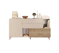 CALICOSY - Buffet 2 portes, 2 tiroirs, 2 niches et 2 étagères L181 cm - MALA - Beige / Chêne-Beige / Chêne
