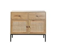 Calicosy - Commode 2 Portes 2 Tiroirs Cannage Rotin - Décor Chêne - Panneaux De Particules - Piétement Métal Noir - pour Chambre, Entrée Ou Salon - Style Moderne - L 90 x P 39 x H 79 cm