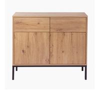 Calicosy- Commode 2 Portes 2 Tiroirs - Décor Chêne - Panneaux De Particules FSC - Piétement Métal - Ouverture À Pression - Armoire Chambre Ou Buffet Séjour - Design Moderne - L 90 x P 40 x H 80 cm