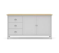 Calicosy - Buffet 2 Portes, 3 Tiroirs en Pin Massif Blanc avec Plateau Couleur Chêne Misti - Pin Massif - pour Salon, Salle à Manger - l40 x L150 x H80,5 cm