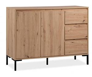 Calicosy Buffet 2 Portes 3 Tiroirs et 1 Etagère Plock - en Panneaux de Particules - Décor Chêne Artisan - pour Salon, Salle à Manger - L120 x H87 x l40 cm