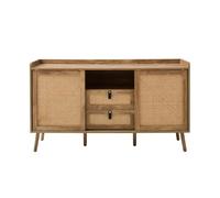 Calicosy - Buffet 2 Portes Coulissantes et 2 Tiroirs - Façades Rotin Naturel, Poignées Cuir PU Noir - Collection Palmo - Salon, Salle à Manger - L 140 x P 39 x H 80 cm