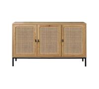 Calicosy - Buffet 3 Portes Cannage Rotin - Décor Bois Chêne - Panneaux De Particules - Poignées Métal Noir - Meuble Rangement pour Séjour, Chambre, Salon - Style Industriel - L 120 x P 40 x H 72 cm
