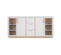 CALICOSY - Buffet 4 portes et 3 Tiroirs Décor Blanc et Bois L204 cm - SPLIT - Gris