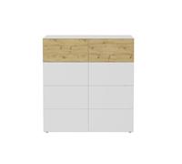 CALICOSY - Buffet 8 tiroirs blanc brillant et décor chêne Belm 5 - L109 x H115 cm - Blanc