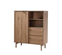 Calicosy - Buffet Haut 1 Porte Coulissante 2 Étagères 2 Tiroirs - Décor Bois Chêne - Panneaux De Particules - Pieds Bois Massif - Séjour, Salon, Chambre - Contemporain - L 100 x P 40 x H 120 cm