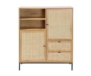 Calicosy - Buffet Haut 2 Portes, 2 Tiroirs, 2 Niches - Décor Bois - Rotin - Panneaux De Particules - Poignées Pieds Métal - Séjour, Chambre, Entrée - Industriel Et Exotique - L 100 x P 40 x H 120 cm