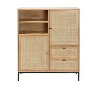 Calicosy - Buffet Haut 2 Portes, 2 Tiroirs, 2 Niches - Décor Bois - Rotin - Panneaux De Particules - Poignées Pieds Métal - Séjour, Chambre, Entrée - Industriel Et Exotique - L 100 x P 40 x H 120 cm