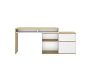 Calicosy Bureau modulable - Blanc et Bois Clair - Panneaux de Particules - Fabrication Française - 2 Portes - pour Bureau, Chambre - L203/130 x H76/62 x P45 cm