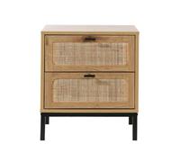 Calicosy - Table De Chevet 2 Tiroirs - Décor Chêne - Cannage en Rotin - Panneaux De Particules - Pieds Et Poignées Métal - Chambre, Salon, Bureau - Style Industriel Et Exotique - L 45 x P 29 x H 51cm