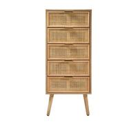 Calicosy - Chiffonnier 5 Tiroirs Façade Rotin - Décor Bois - Panneaux Particules FSC - Pieds en Pin Massif - Gain De Place - Chambre Ou Dressing - Style Exotique - L 36,5 x P 42 x H 100,5 cm