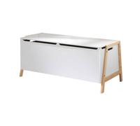 Calicosy - Coffre de Rangement Enfant avec 2 Compartiments et Couvercle Amorti - L99 cm - Pieds en Bois Massif - Coffre à Jouets Pratique et Sécurisé