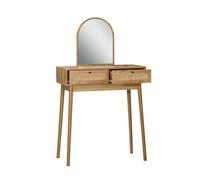 Calicosy - Coiffeuse avec Miroir et 2 Tiroirs - Façades Rotin Véritable et Boutons Métal Noir - Pieds Bois Décor Chêne - Colelction Alia - Chambre, Dressing - L 80 x P 39 x H 140 cm