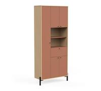 CaliCosy Colonne 4 Portes et 1 Tiroir avec Miroir H201,5 cm - Elisa - en Panneaux de Particules - Décor Abricot et Chêne - pour Chambre - L83,6 x l32,9 x H201,5 cm, Orange