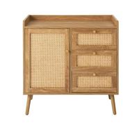 Calicosy - Commode 1 Porte et 3 Tiroirs avec Façades en Rotin Naturel et Pieds en Bois Massif - L80 x P39 x H79,5 cm - Collection Palmo