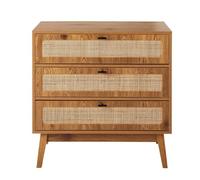 Calicosy - Commode 3 Tiroirs avec Façades en Rotin Naturel et Pieds Effet Bois - L80 x P39 x H79 cm - Design Naturel et Élégant - Collection Alia