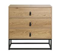 Calicosy - Commode 3 Tiroirs Décor Chêne - Panneaux De Particules - Piétement Métal Noir - Armoire Rangement pour Chambre, Dressing Ou Salon - Design Industriel - L 80 x P 39 x H 79,5 cm