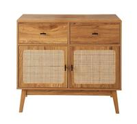 Calicosy - Commode ALIA 2 Portes en Rotin Et 2 Tiroirs Pleins avec Pieds Décor Bois Et Poignées Noires - L90 x H79 Cm - Style Naturel Et Fonctionnel