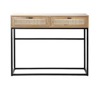 Calicosy - Console 2 Tiroirs - Cannage Rotin Naturel - Effet Bois Chêne Blond - Panneaux De Particules - Structure Métal Noir - Entrée, Couloir, Salon - Style Industriel - L 100 x P 35 x H 80 cm
