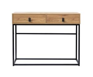 Calicosy - Console 2 Tiroirs - Effet Bois Chêne Veiné - Panneaux De Particules - Structure Et Pieds Métal - Poignées Immitation Cuir - Moderne Et Pratique - L 100,3 x P 35,3 x H 80,5 cm