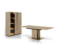 CALICOSY - Ensemble vaisselier 2 portes avec éclairage et table à manger extensible Crack - Fabrication Française - Bois clair
