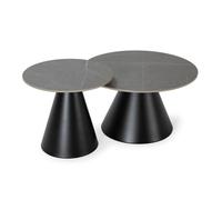 CALICOSY - Lot de 2 tables basse rondes en Pierre fritée grises et métal noir - LOUNA - Noir