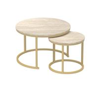 CALICOSY - Lot de 2 Tables Basses Gigognes Rondes L70 cm - LENNY - Travertin/ Or-Travertin/ Or