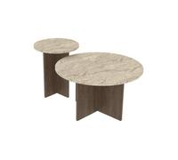 CALICOSY - Lot de 2 Tables basses rondes Ø70 cm et Ø40 cm TILIA - Travertin/ Noyer