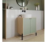 Meuble sous Lavabo Salle Bain avec Rangements, 2 Portes Waterproof en Bois - Gamme Elisa Made in France - Coloris Vert Minéral & Chêne Vincenza - 70 x 78 x 50 cm