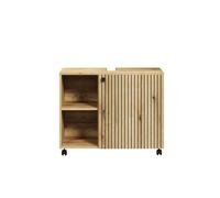 CALICOSY - Meuble sous vasque sur roulettes 1 porte et 2 niches L80 cm - PUREBLISS - Chêne blond et noir mat