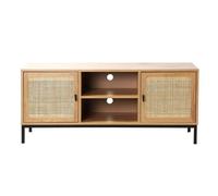 Calicosy - Meuble TV 2 Portes 2 Niches - Cannage Rotin - Décor Bois - Panneaux De Particules - Structure Métal - 4 Rangements - Salon Ou Chambre - Style Industriel Et Naturel - L 120 x P 39 x H 51 cm